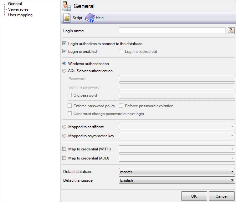 SQL Login Editor - Kontrolka, którą można zaimplementować w aplikacjach, które zarządzają kontami użytkowników MS SQL Server i aplikacjach, które umożliwiają użytkownikowi samodzielne edytowanie określonych parametrów takich jak np. zmiana hasła.