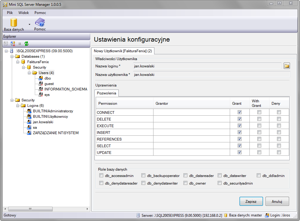 Mini SQL Server Manager - Aplikacja do zarządzania kontami MS SQL Server.