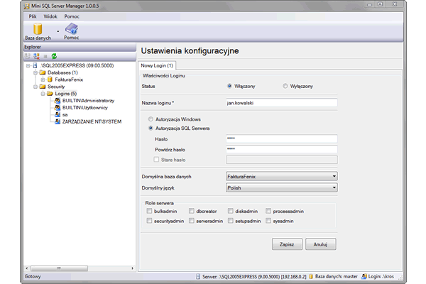 Mini SQL Server Manager - Aplikacja do zarządzania kontami MS SQL Server.