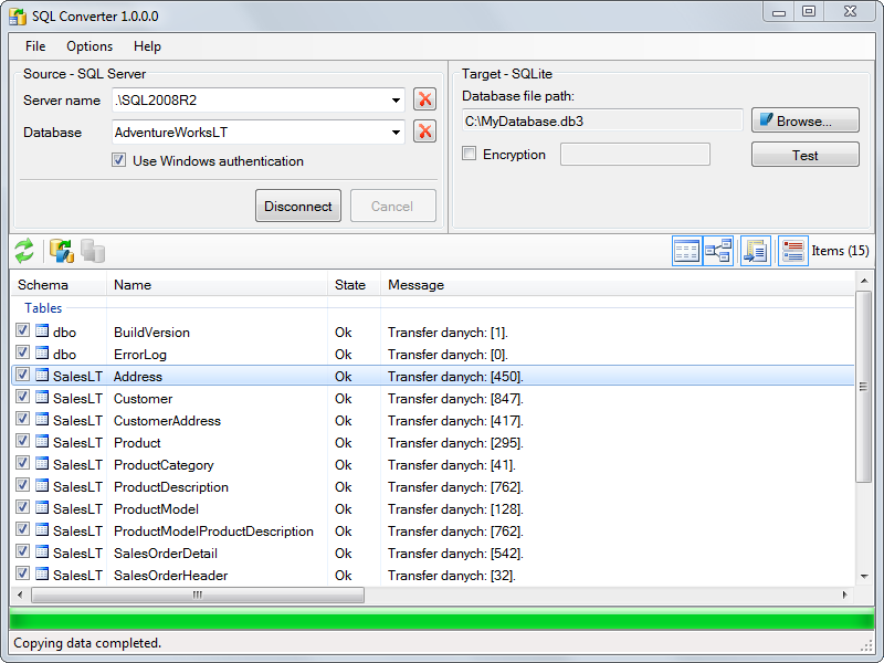 SQL Converter - Aplikacja do migracji struktur danych z bazy MS SQL Server do SQLite.