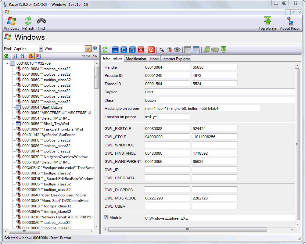 Razor - Aplikacja do podglądu właściwości okien uruchomionych programów Windows.