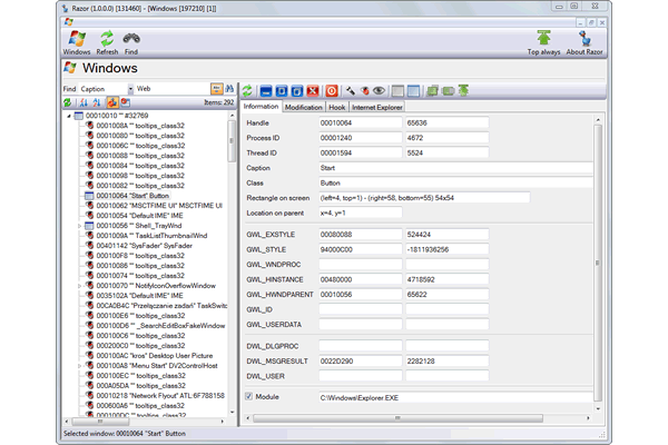 Razor - Aplikacja do podglądu właściwości okien uruchomionych programów Windows.