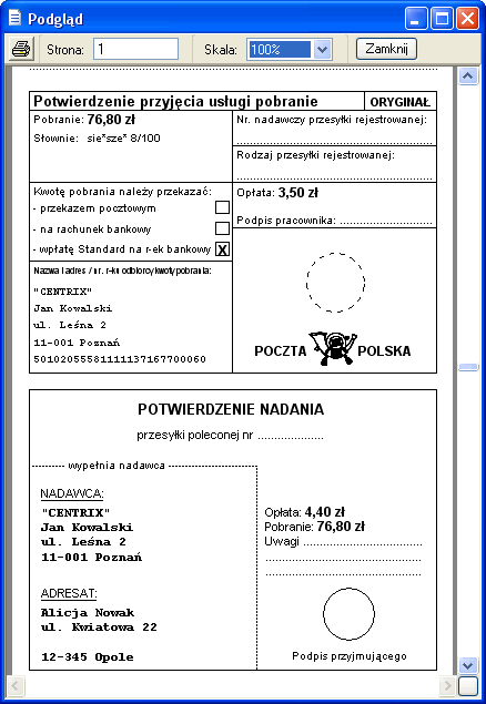 Kwitek - Aplikacja do komputerowego wypełniania pokwitowań nadania przesyłek pocztowych.